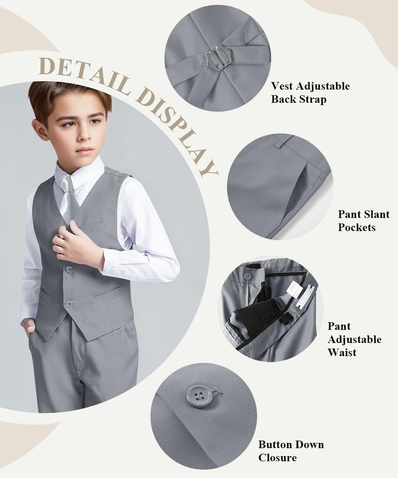 Visaccy Boys Suit,Toddler Kids Boy Light Gray Suit Tuxedo Outfit Vest and Pants Set Size 14 - Image 2